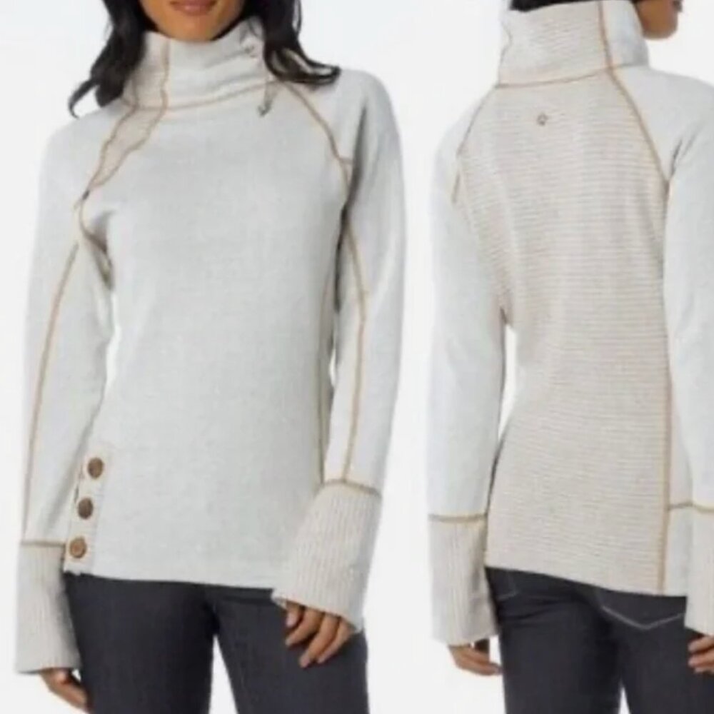 Prana Lucia Cream Brown Cowl Neck Wool Blend Sweater with Buttons Women's Size L